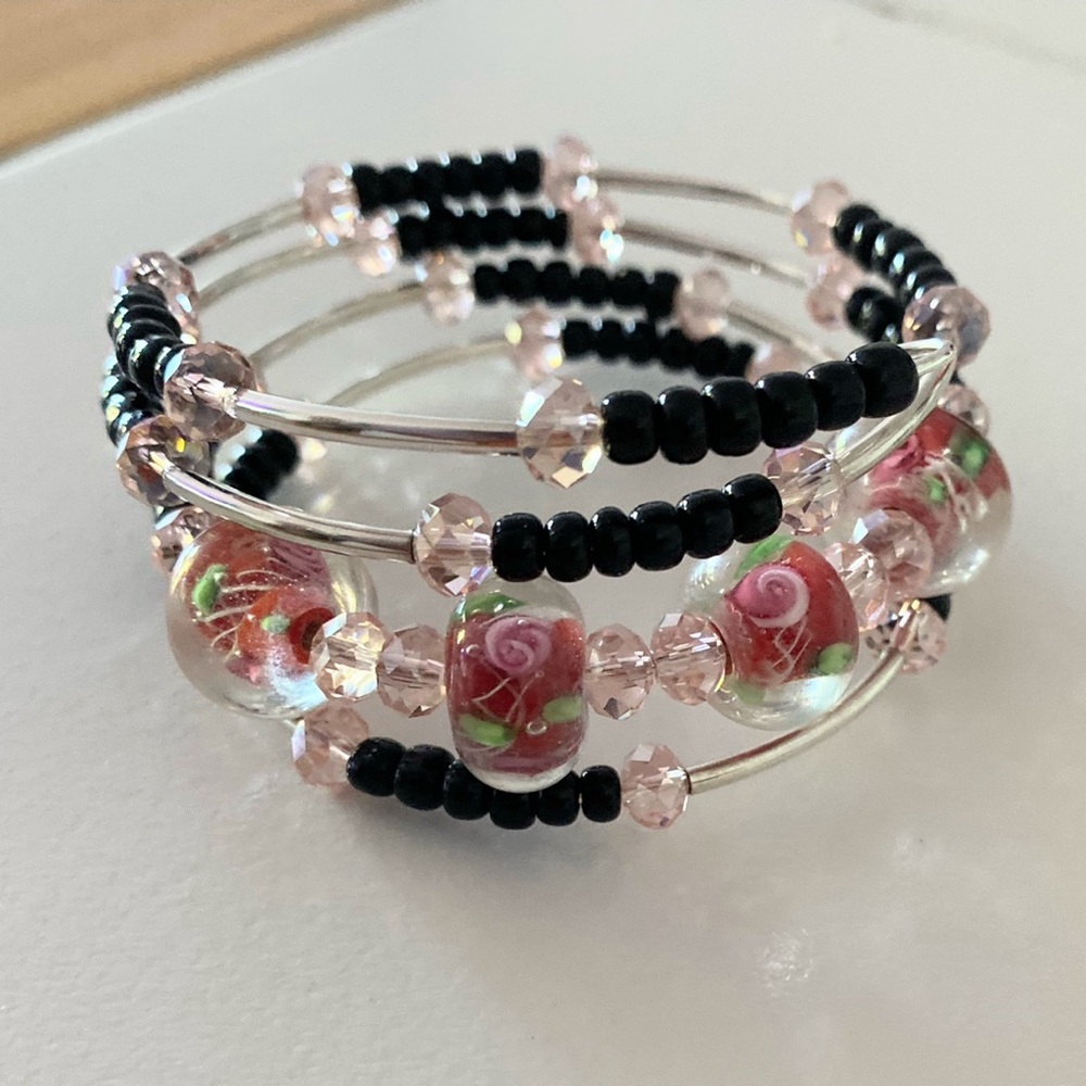 Hand Crafted Pink Floral Murano Glass & Black Bead Coil Bracelet